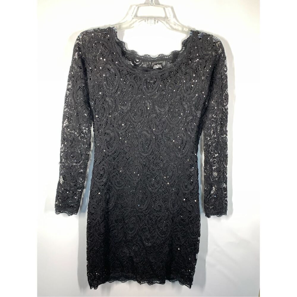 Sequin Hearts Women's Sheer Long Sleeve Lace Sequin Bodycon Dress Black Medium